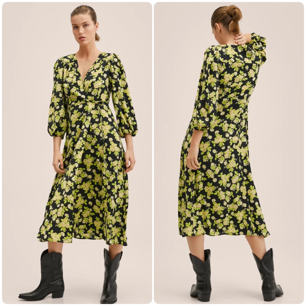 MNG Floral Puff Sleeve Wrap Midi Dress